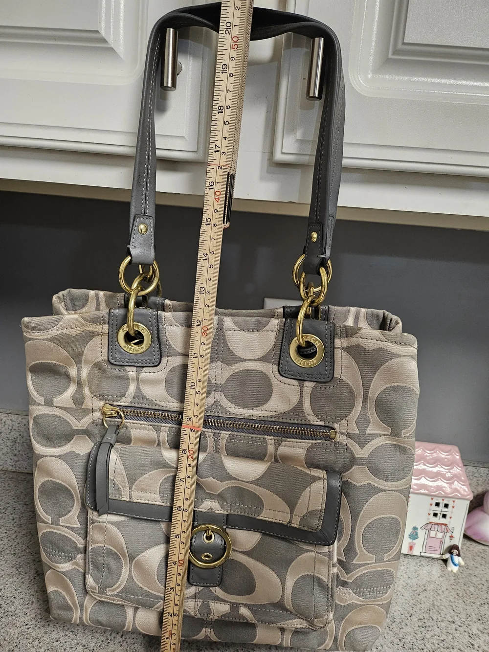 Coach Beige & Gray Signature Tote with Gold Hardware